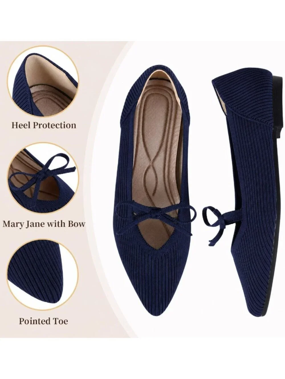 Women's Navy Pointed Toe Knit Ballet Flats Comfortable Pull On Casual Shoes